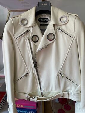 Tom Ford Cream Leather Moto Jacket with Silver Hardware